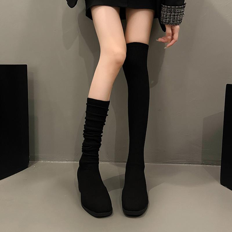 Skinny Over-knee Elastic Boots Women's Round Head Thick Heel 2024 Autumn New Elastic Boots Knitted Socks Boots with Socks Boots