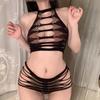 Sexy Lingerie Three-point Hollow Striped Seduction Onesie European and American Pure Desire Two-piece Set