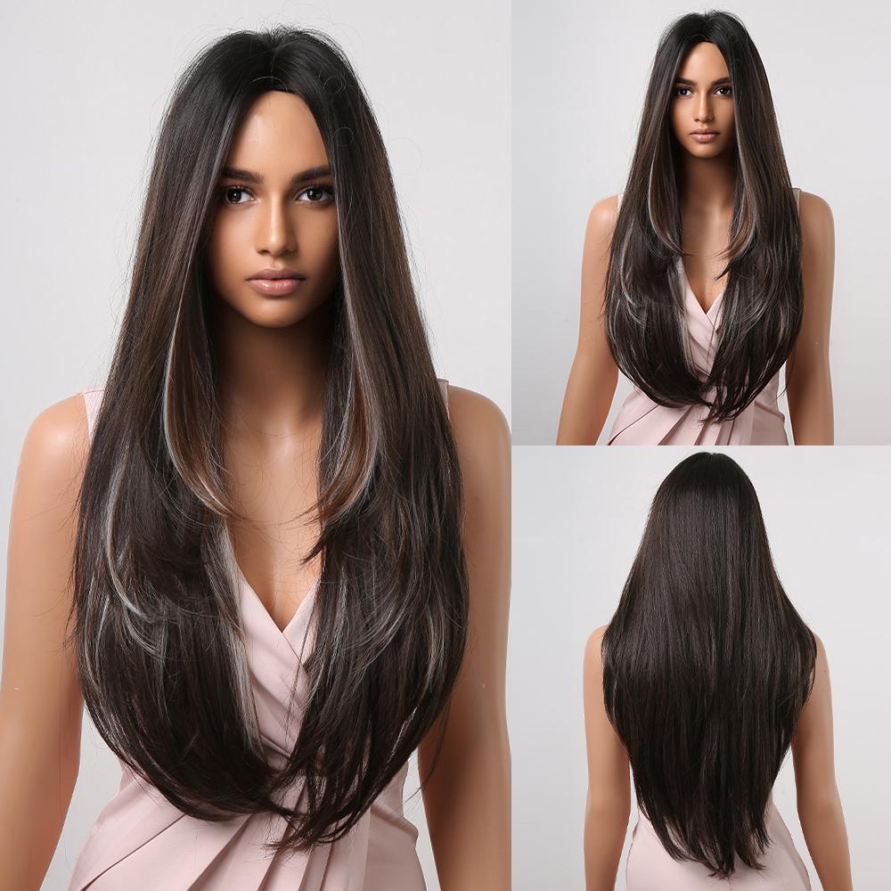 Long Straight Synthetic Wig with Bangs Dark Black Gray Hair Wigs for Women Cosplay Natural Hair Heat Resistant Layered Wigs