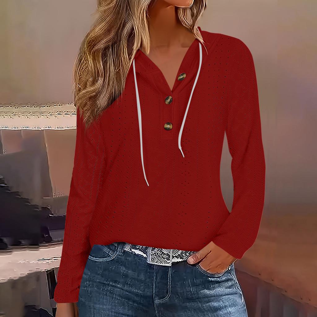 Fashion Women's Hoodie Knit Drawstring Button V-neck Long Sleeve Pullover Casual T-shirt