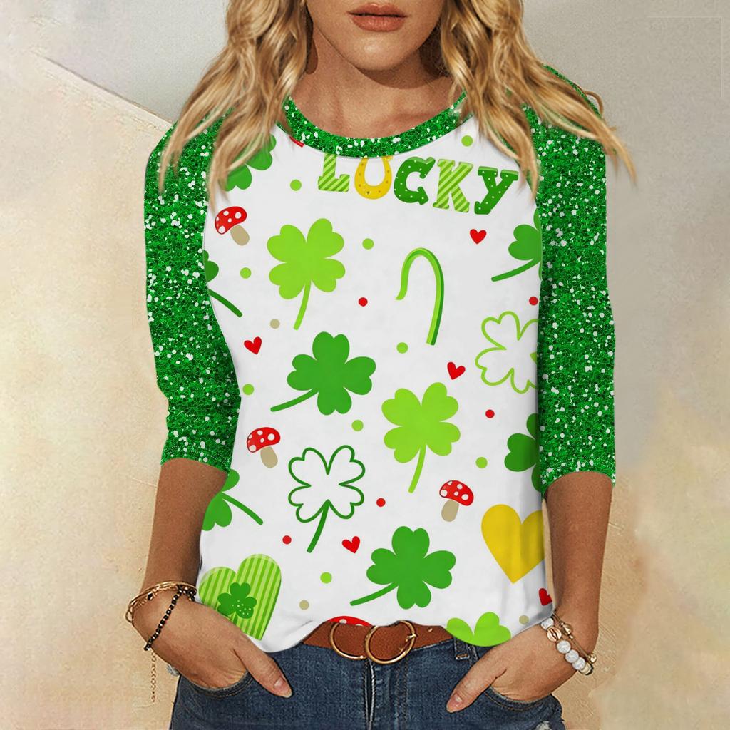 Frauen St. St. Patrick's Day Print Rundhals Dreiviertelarm Oberteil