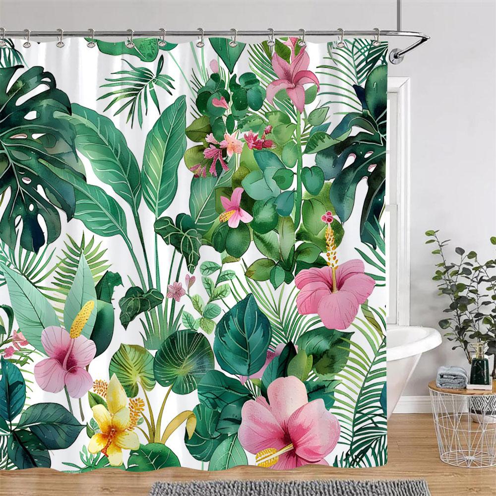 Tropical Plants Floral Shower Curtain Green Palm Leaves Pink Flowers Polyester Fabric Shower Curtains Bathroom Decor With Hooks