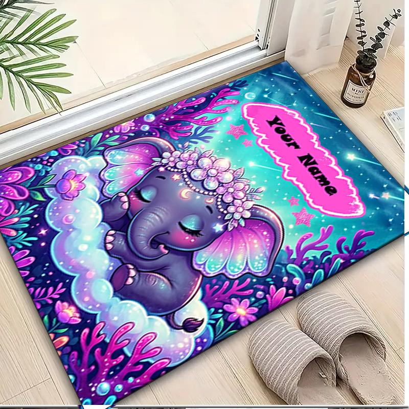 1PC Custom Name Ethereal Elephant Fantasy Theme Floor Mat Ideal for Living Room, Game Rooms, Office, Bedroom,Floor Mat Playful Design