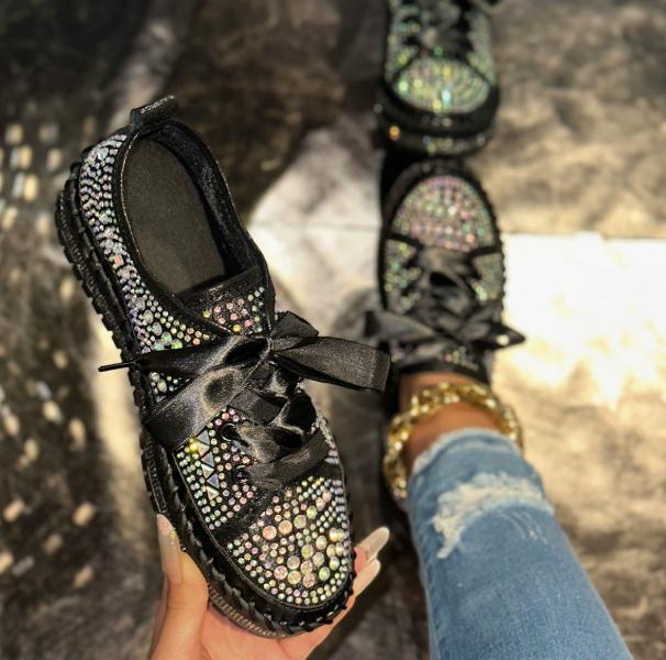 

Женские повседневные кроссовки большого размера, толстая подошва, полностью покрытые стразами, круглый носок, на шнуровке, ручная прошивка, кроссовки в форме сумки. 36