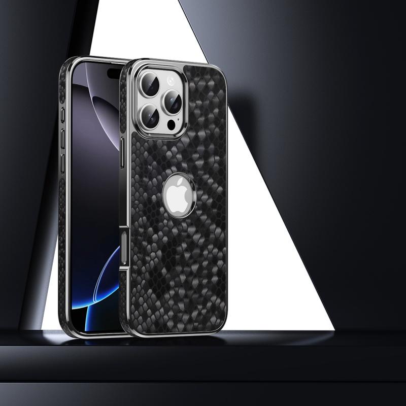 Genuine Leather Case For iphone 16 15 14 Pro Max Dragon Scales Pattern Magsafe Wireless Charging Electroplating Silver Cover