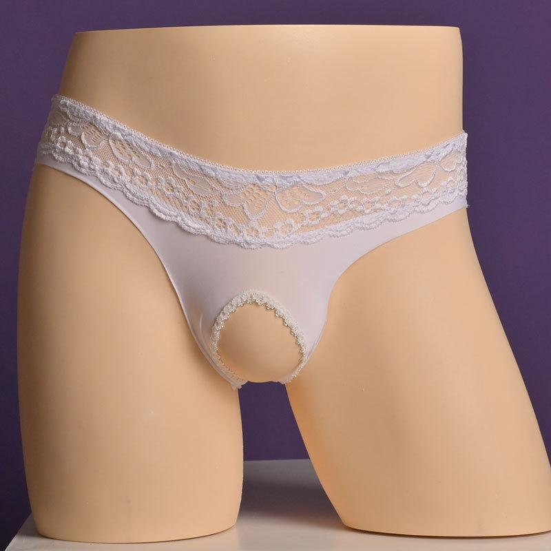 Women Sexy Briefs Lace Open Crotch Underwear Low Waist Breathable Panties Ice Silk Elastic Underpants See-Through Sissy Lingerie