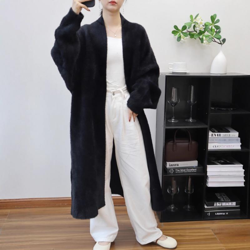 Imitation mink velvet lazy wind sweater jacket women's long autumn and winter new belt temperament knitted cardigan