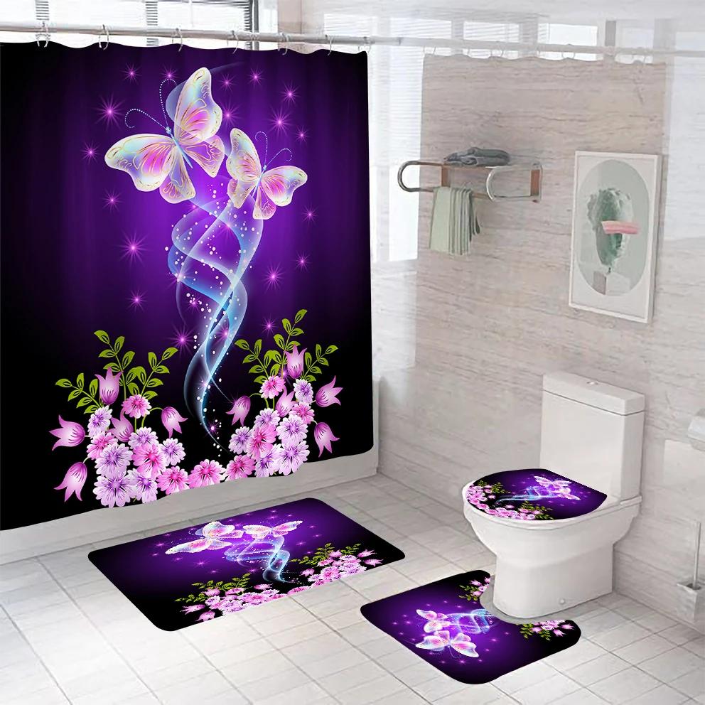 Colorful Butterfly Shower Curtain Set Waterproof Bathroom Curtain Set Anti-Slip Bath Mat Set Toilet Rugs Carpet Home Decor