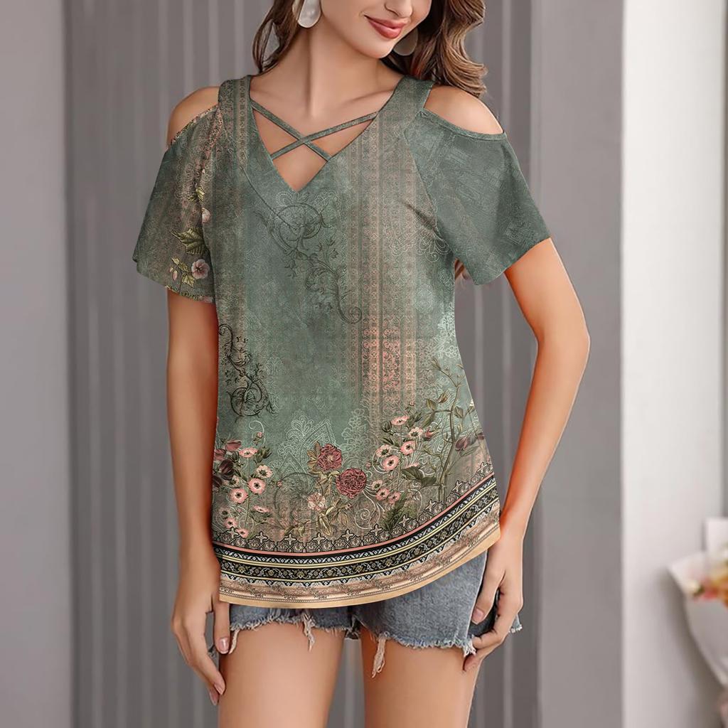 Damen Blumenmuster Lässig Schulterfrei Träger V-Ausschnitt Kurzarm T-Shirt
