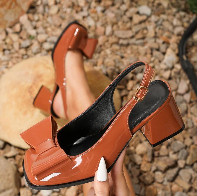Size36-45 Women Slingback Chunky Heel Comfort Square Toe Pumps Mary Jane Baotou Women Sandals Summer Thick Heels High Heel Shoes