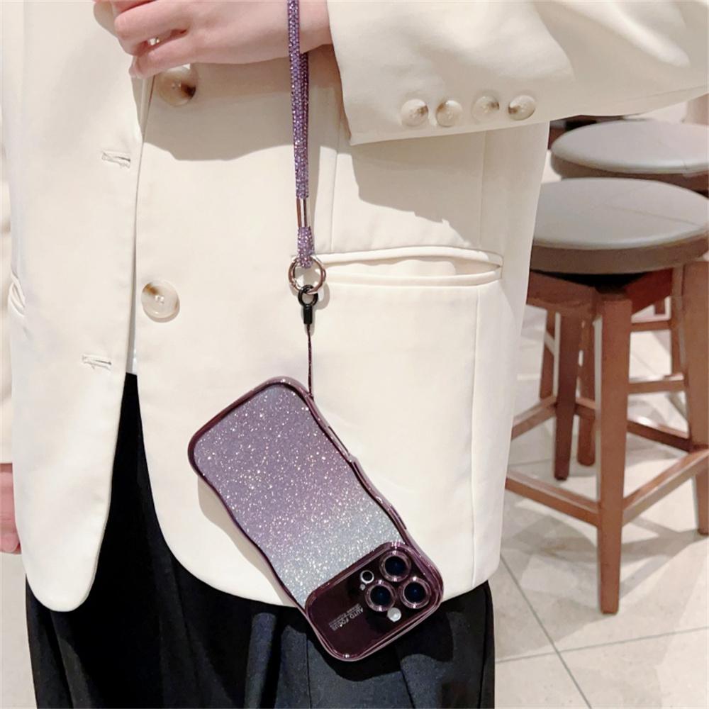For iPhone 16 Pro Max Case with Strap Gradient Glitter Electroplating TPU Phone Cover