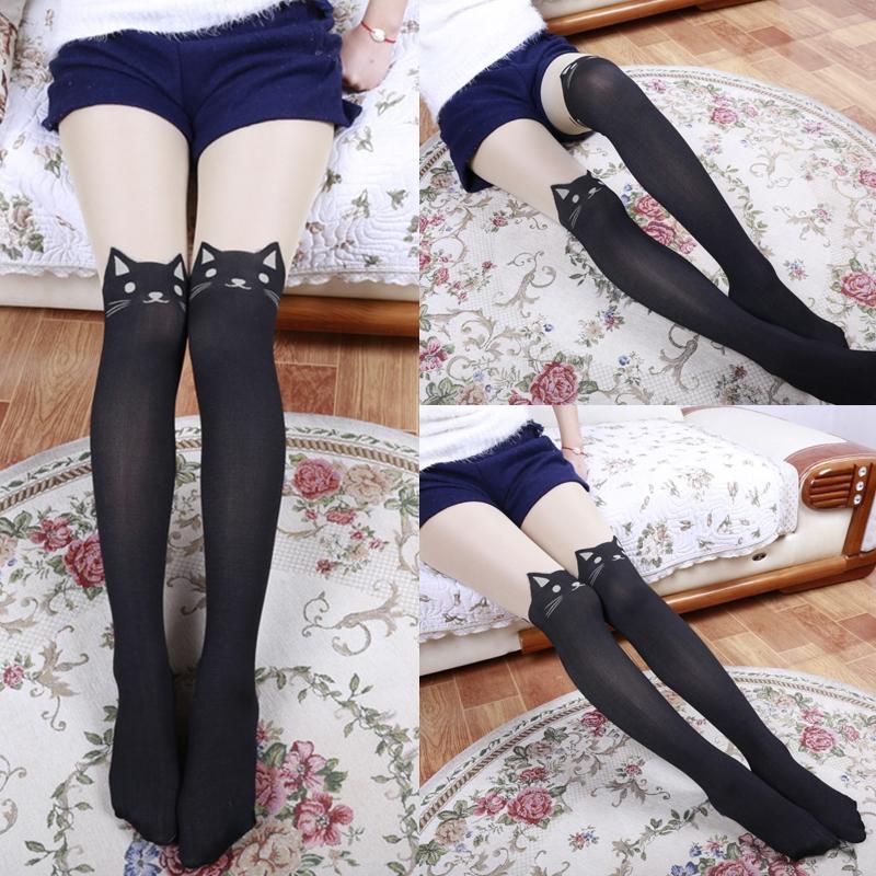 Sexy Women for Cat Tail Faux Thigh High Hosiery Pantyhose Tattoo Tights Japanese Cartoon Pattern Black Stockings Hosiery