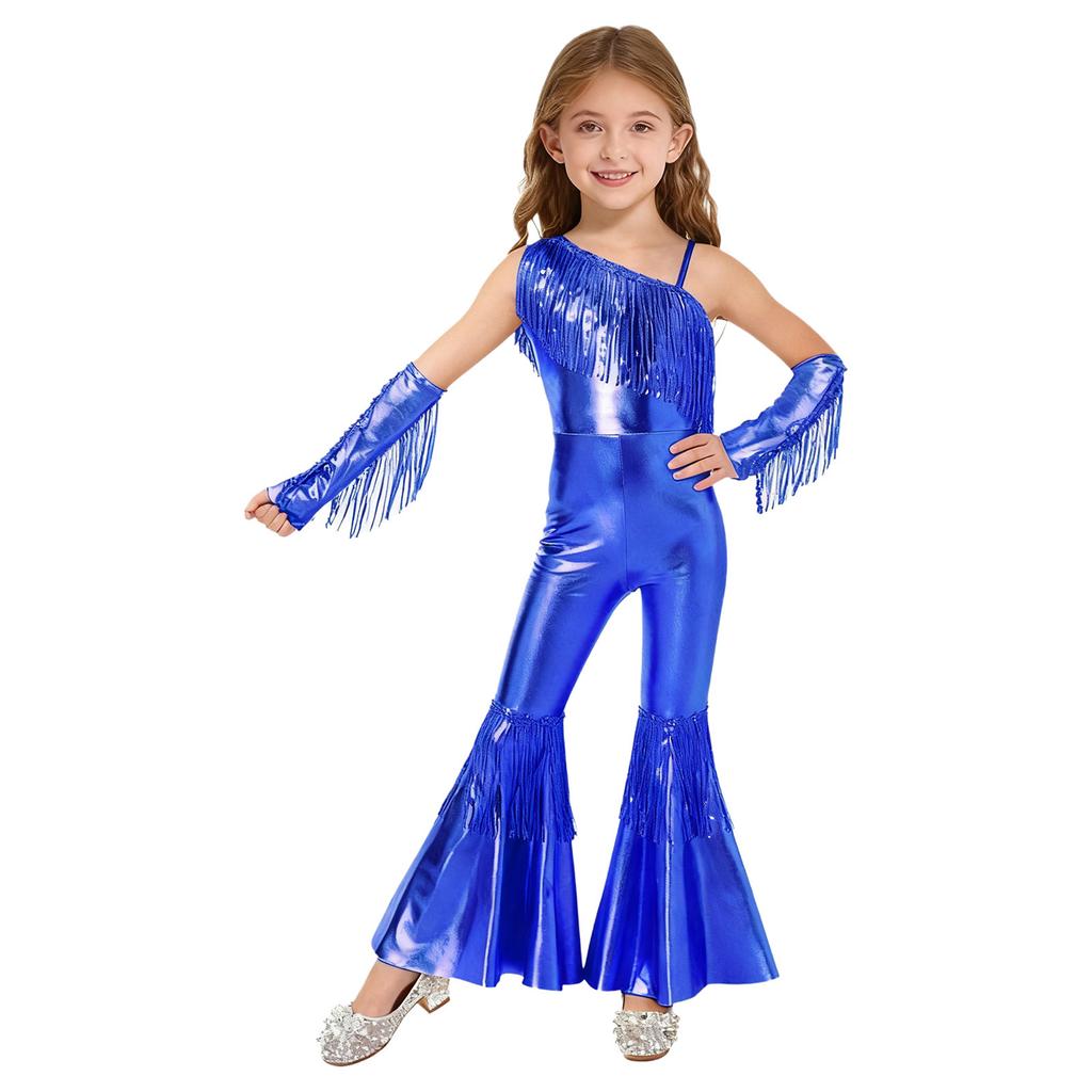 Girls Sequined One Shoulder Jumpsuit Sleeveless Disco Dance Costume High Waist Flared Design Tassel Details Gloves Included