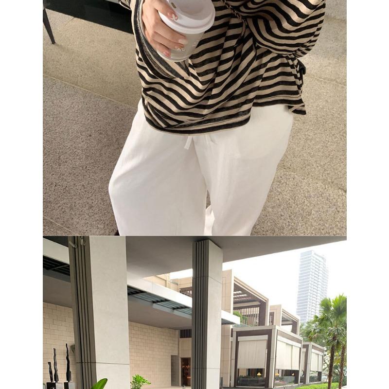 Women Casual Loose Striped V Neck Long Sleeve Thin T Shirt Top