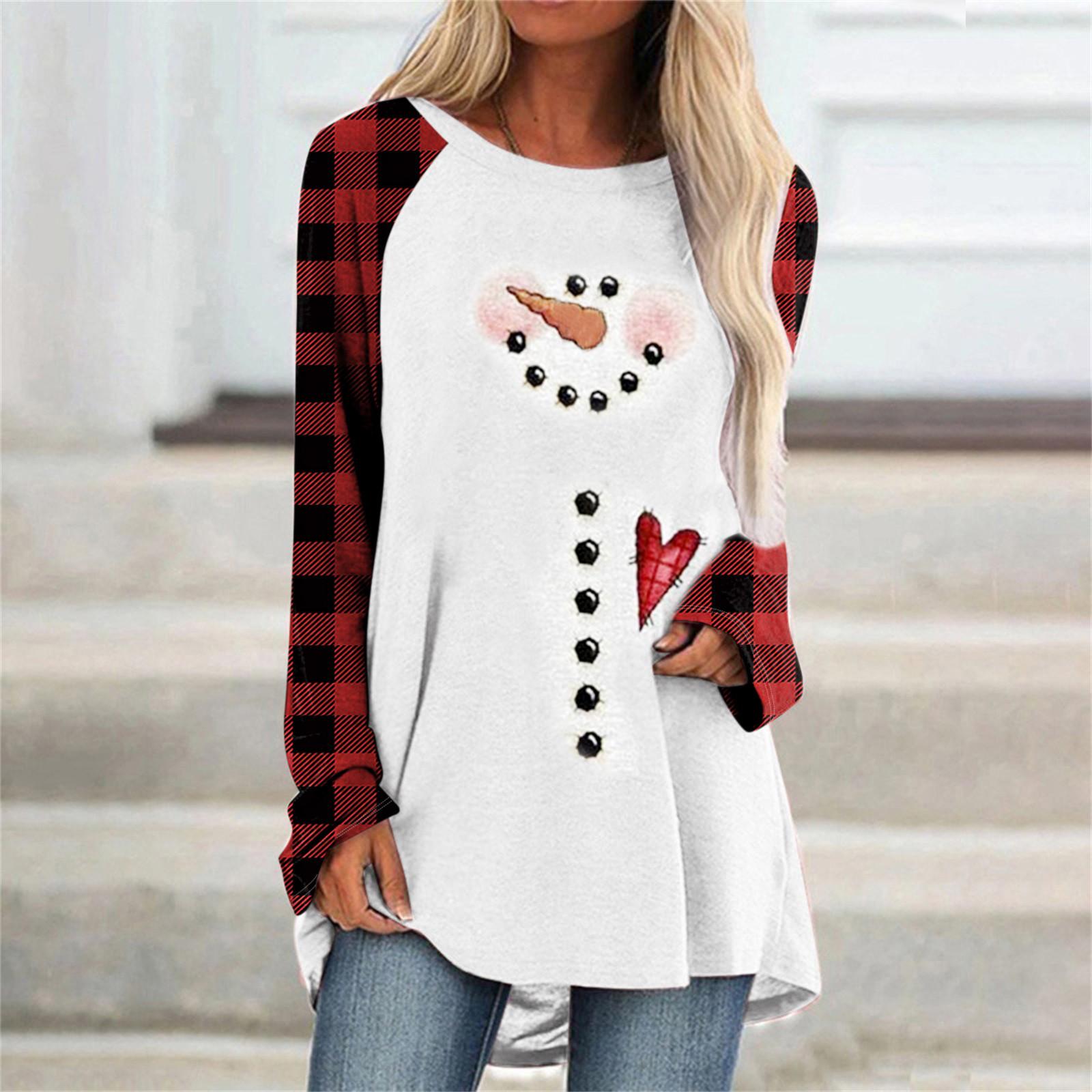 

женщины случайные Рождество Печать Плед Raglan Длинные рукава Рубашки Блузка Топы