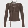 "Pure Lace Spliced Pleated Square Collar T-Shirt"