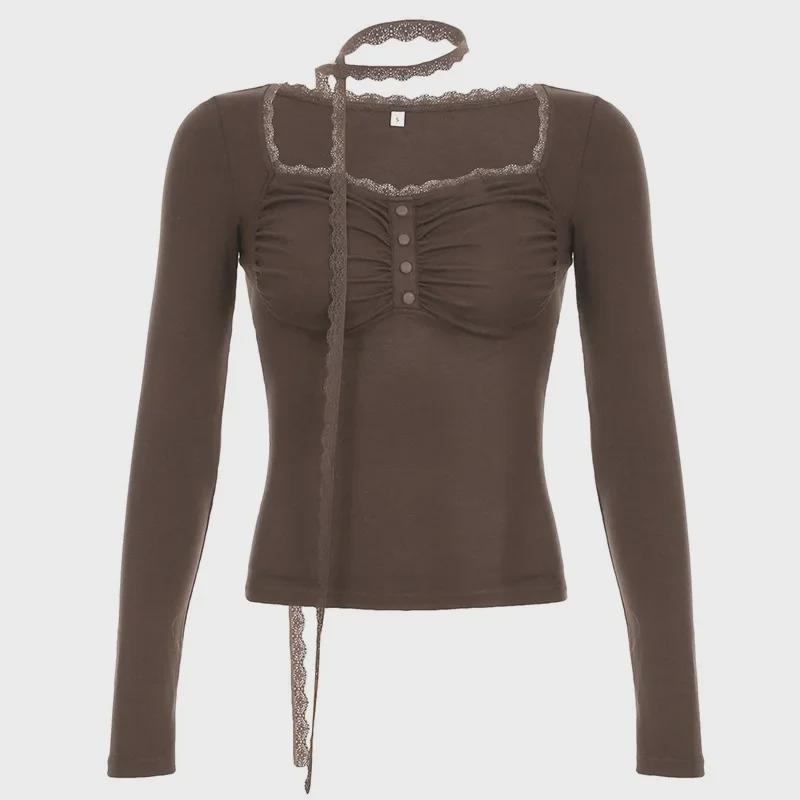 "Pure Lace Spliced Pleated Square Collar T-Shirt"