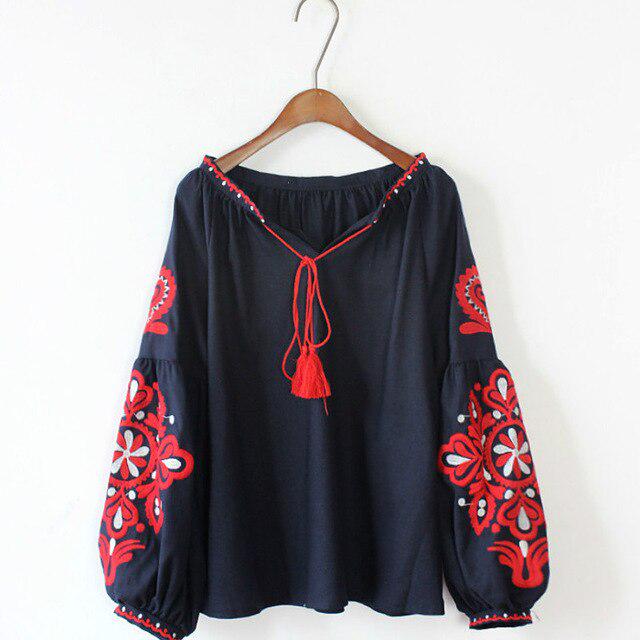 Ethnic Embroidery Floral Blouse Long Sleeve Women Shirts Vintage Tassel Lace Up Collar Blouses