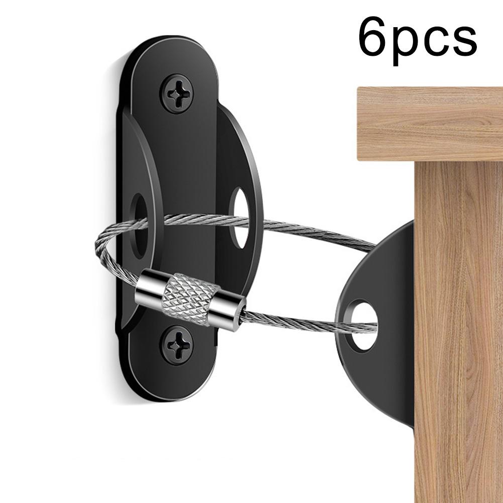 6PCS Stainless Steel Anti Tilt Fastener Kit for Furniture Cabinets with Metal Brackets and Steel Cables to Prevent Tipping Risks