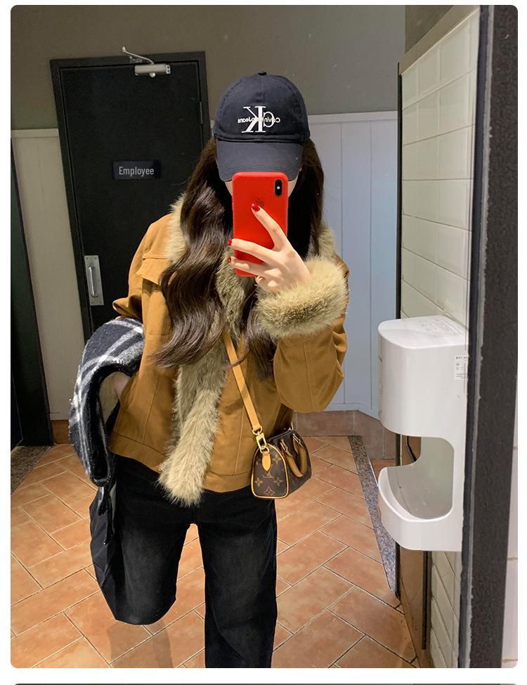 Retro Brown Korean Style Women's Winter Jacket - Thickened Short Patchwork Fur Top 2025