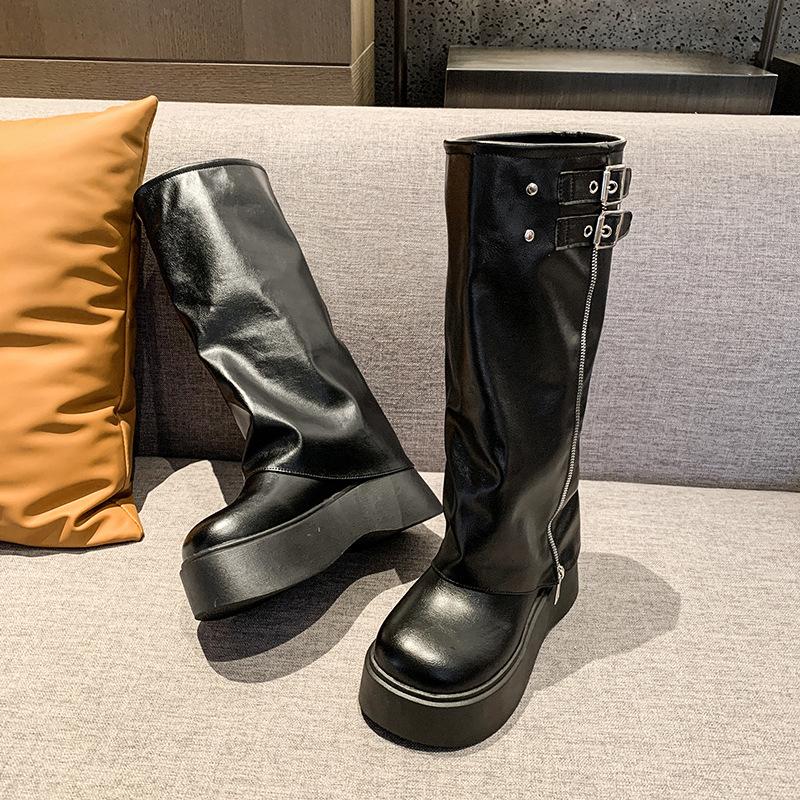 Small Thick-soled Boots Women's Thick-legged Autumn and Winter Boots High-heeled Western Leather Boots, Trousers Stacked High Knight Boots