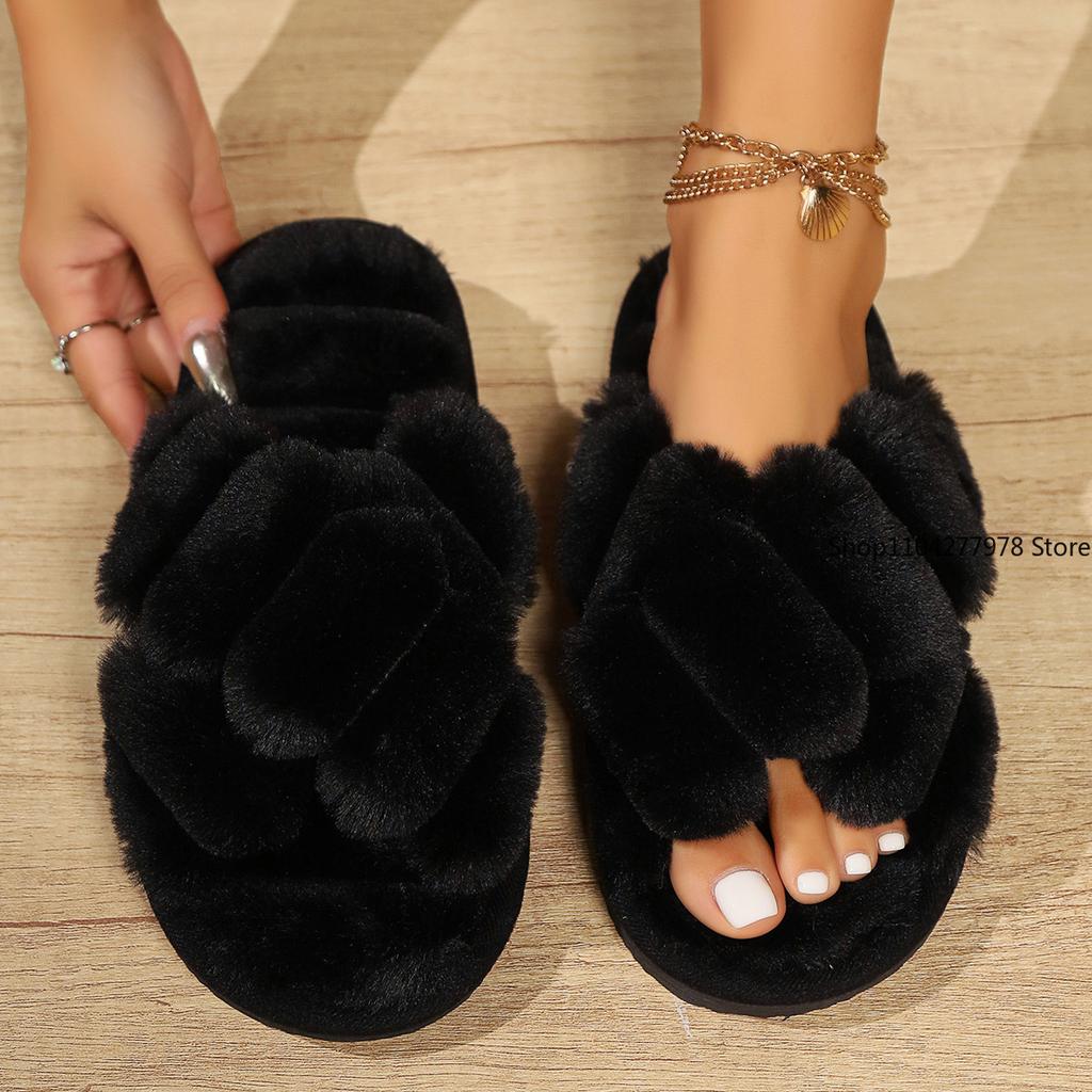 Fashion Popular Cross Furry Slippers Female Fluffy Slides Autumn Winter Outdoor Fashion Sexy EVA Light Flip Flops Sweat Soft Flat Shoes
