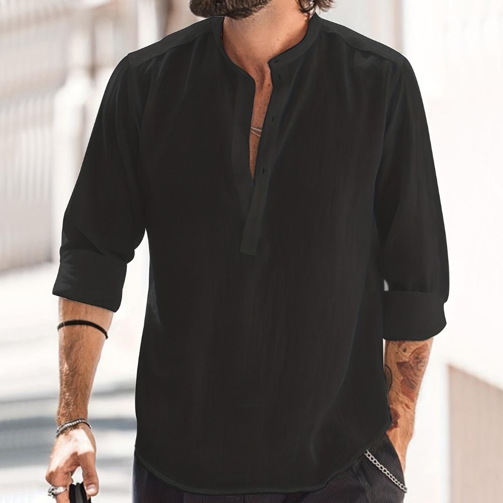 Europejsko-amerykański handel zagraniczny Męska koszula codzienna ze stójką w jednolitym kolorze z długim rękawem WISH Koszula ze bawełny i lnu typu slub