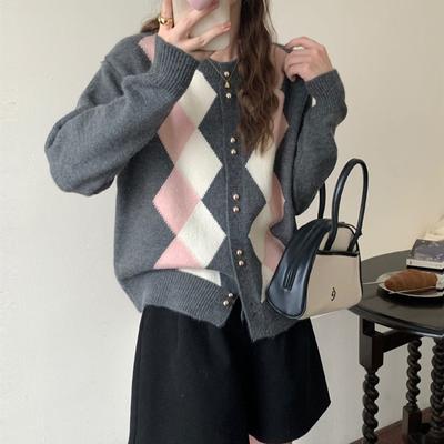 Women's Fashion Casual Fall Winter Rhombus Print Long Sleeve O-Neck Sweaters