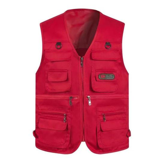 Men Waistcoat Solid Color Multi Pockets Zipper Sleeveless Spring Vest for Fishing