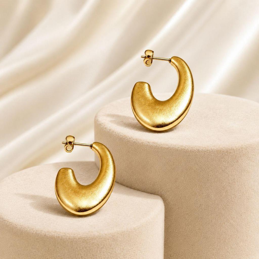 European High-End Frosted Gold Curved Hook Earrings - Sleek Stainless Steel Fashion Accessories