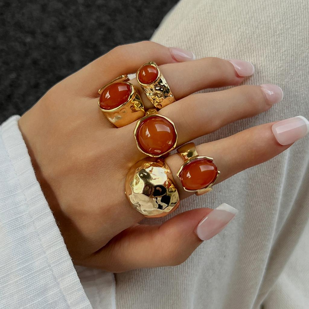 Stacked Gem Ring Set For Women, Vintage Metal Percussion Open Wide Ring Jewelry