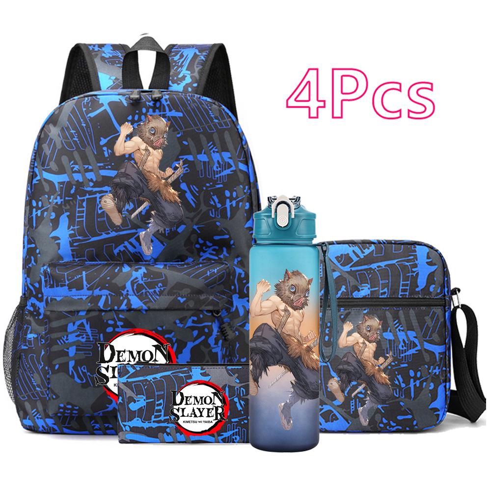 4 Pezzi/set Zaino Stampato Anime Demon Slayer Grande Capacità Borsa per Libri Borsa a Spalla Custodia per Borsa con Borraccia da 750ml Ragazzo Ragazza Zaino Impermeabile