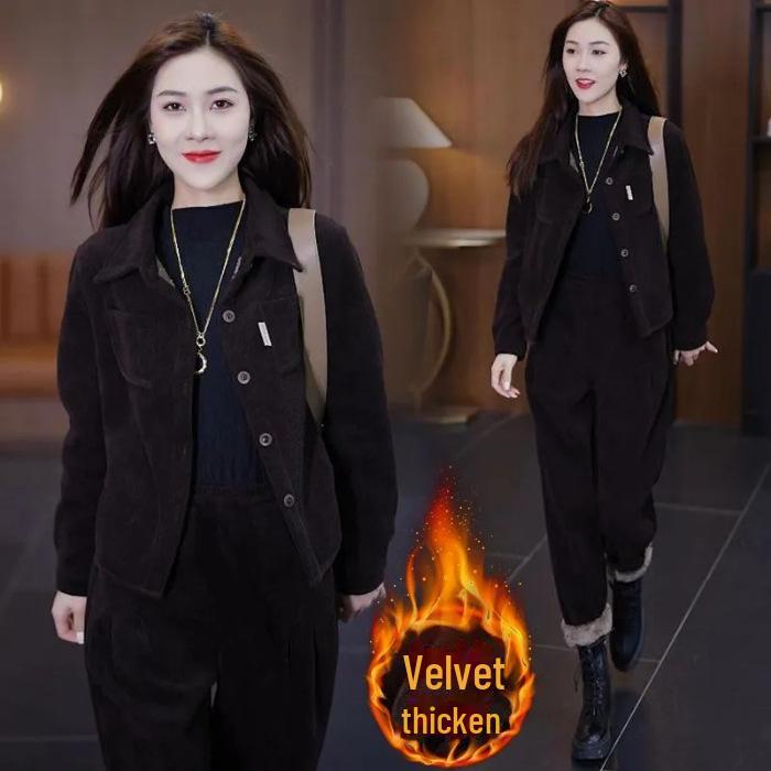Women's Plush Thickened Casual Two-Piece Suit - Slim, Loose, Meat-Covering Fashion for Autumn & Winter 2024