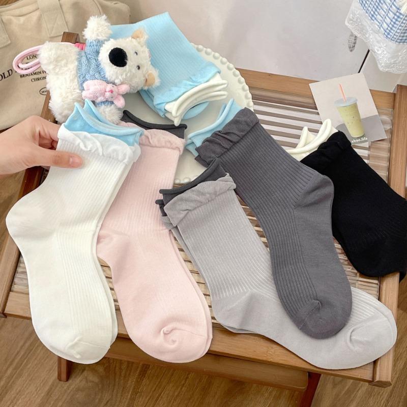 

Women s Spring and Autumn Combed Cotton Mid-calf Socks with Contrasting Colors, Loose Cuffs, Double-rolled Edges and Ballet-style Pile-up Socks 1 pair синій