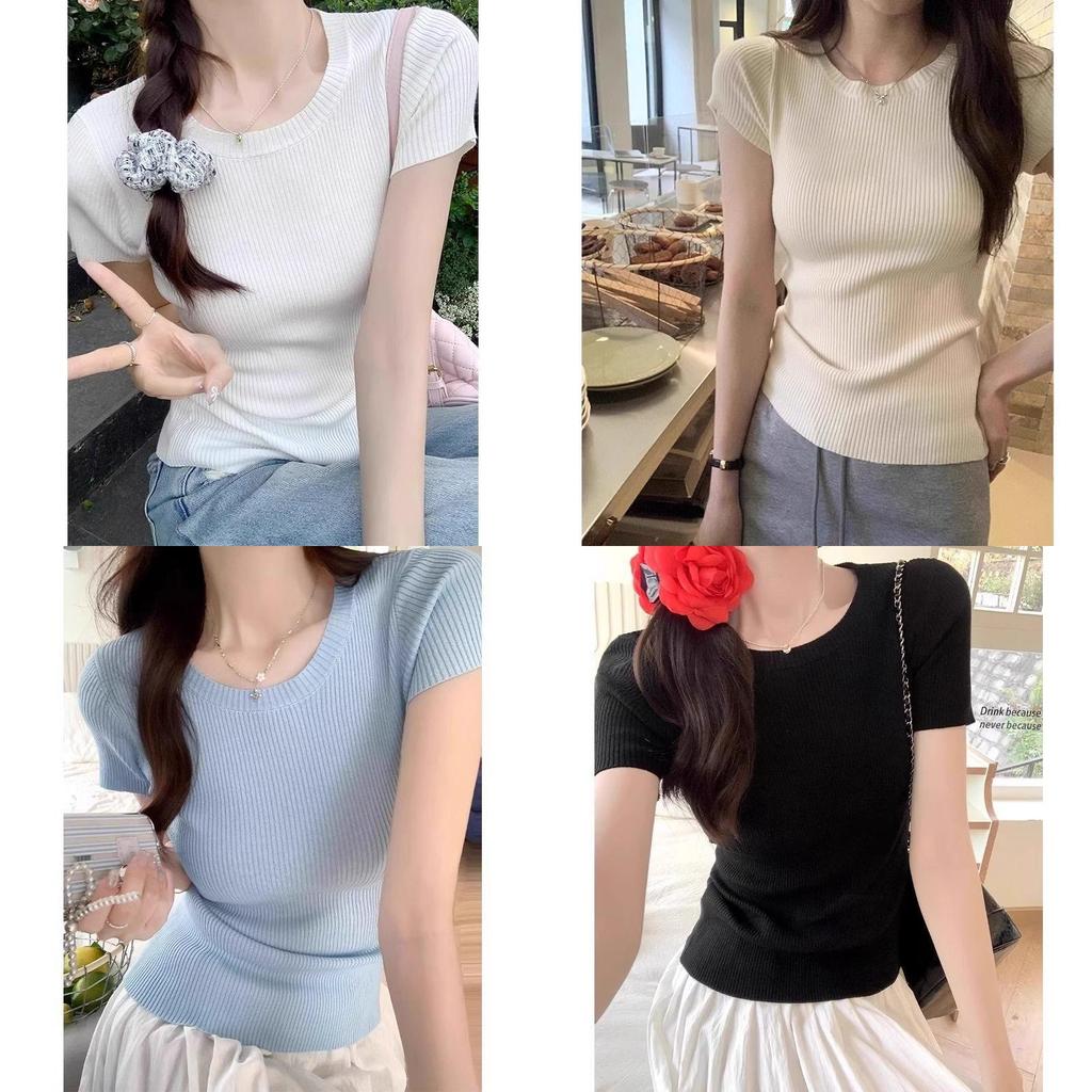 Dopamine Yellow Knit Ice Silk Short Sleeve Tshirt For Summer Casual Wear