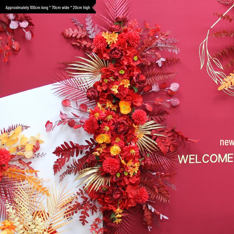 Red Theme Wedding Decoration Set: T-stage, Welcome Area, Ground Row, Aisle, and Flowers in Chinese Style.