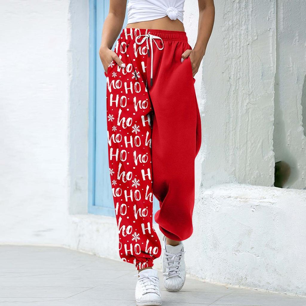 Women's Christmas  Print Casual Pants Drawstring Elastic Waist Drawstring Pants WIth Pockets