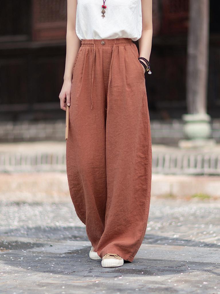 Johnature Women Vintage Straight Pants Summer Chinese Style Solid Color Loose Trousers Elastic Waist Pants