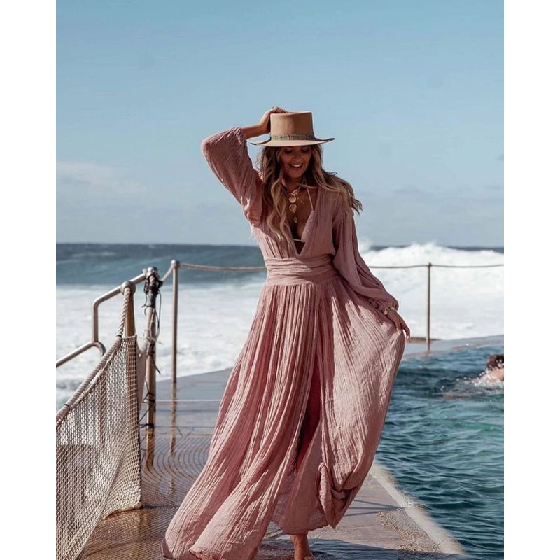 

Модное платье с рукавами-фонариками и разрезом Pink S