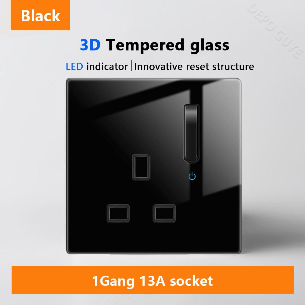 Luxury LED Indicator Light Switch Black Tempered Glass Piano Key Self-reset Wall switch,UK EU Universal USB C Electrical Socket