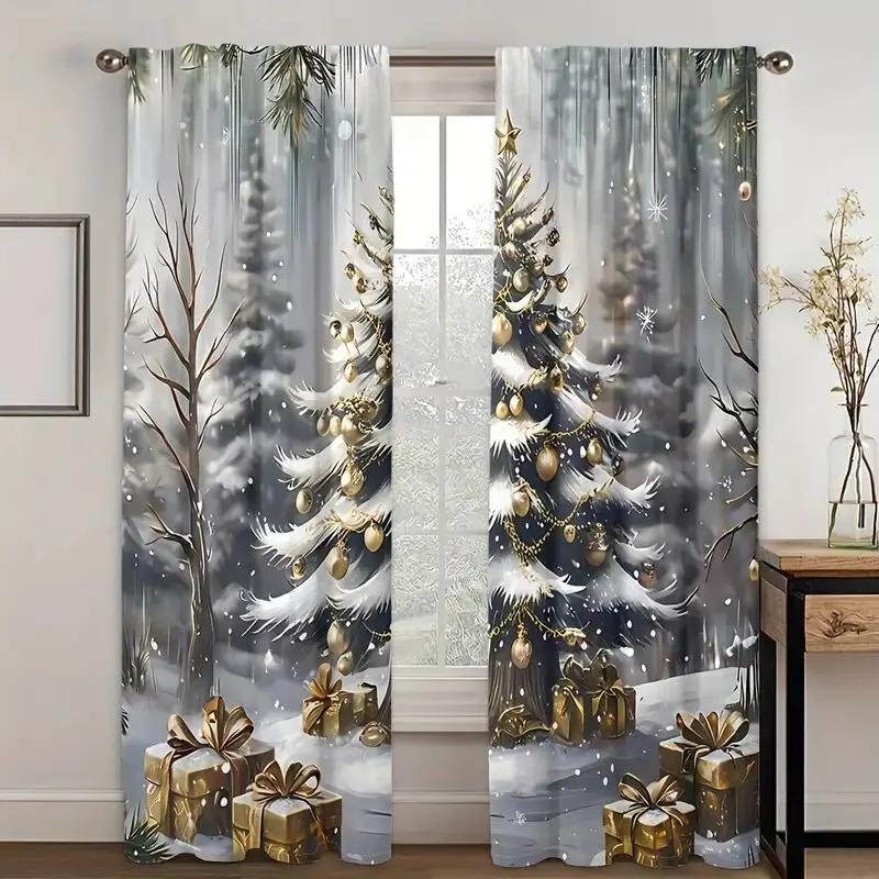 

2pcs Elegant Golden Christmas Tree & Gift Pattern Curtains, Designed for Light Blocking, Premium Material, Suitable for Christma 24x59in(60x150CM)x2&Rod Pocket