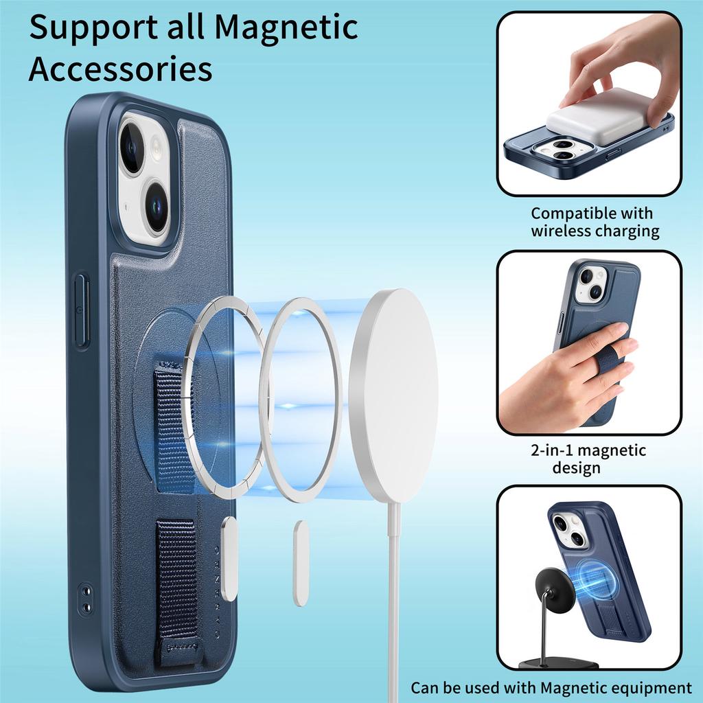 For iPhone 15 Magnetic Case CASENEO Wristband PU Leather + PC Shockproof Phone Cover