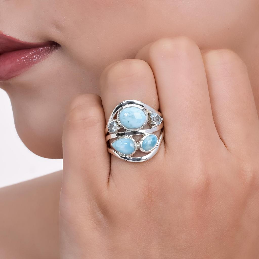 925 Sterling Silver Larimar & Blue Topaz Statement Ring – Handmade Ocean-Inspired Gemstone Jewelry, Girl's Blue Ring