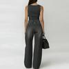 Tuta di Jeans Senza Maniche da Donna Gamba Larga Vestibilità Larga Scollo Rotondo Romper Casual con Quattro Tasche e Dettagli Occhielli Metallici