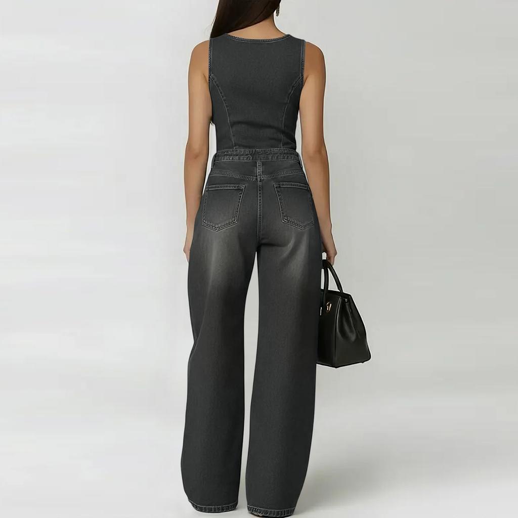 Tuta di Jeans Senza Maniche da Donna Gamba Larga Vestibilità Larga Scollo Rotondo Romper Casual con Quattro Tasche e Dettagli Occhielli Metallici
