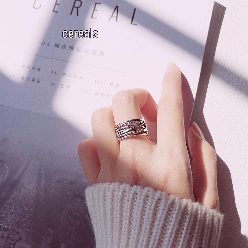Korean Wrapped Cable Knit Multi-Layer Retro Adjustable Silver Ring