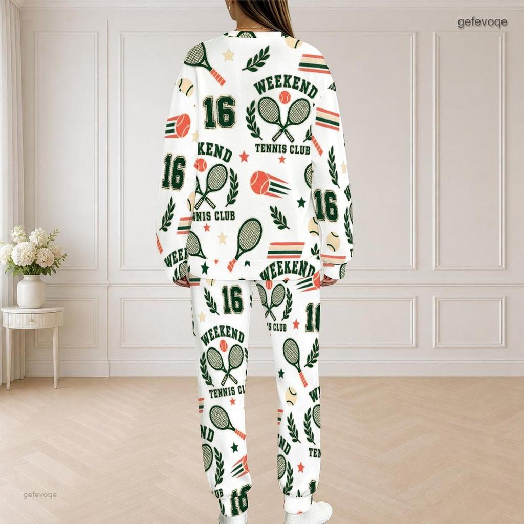 Women Plus Size White Sailboat Printed Round Neck Long Sleeve Top And Pants Two Piece Set