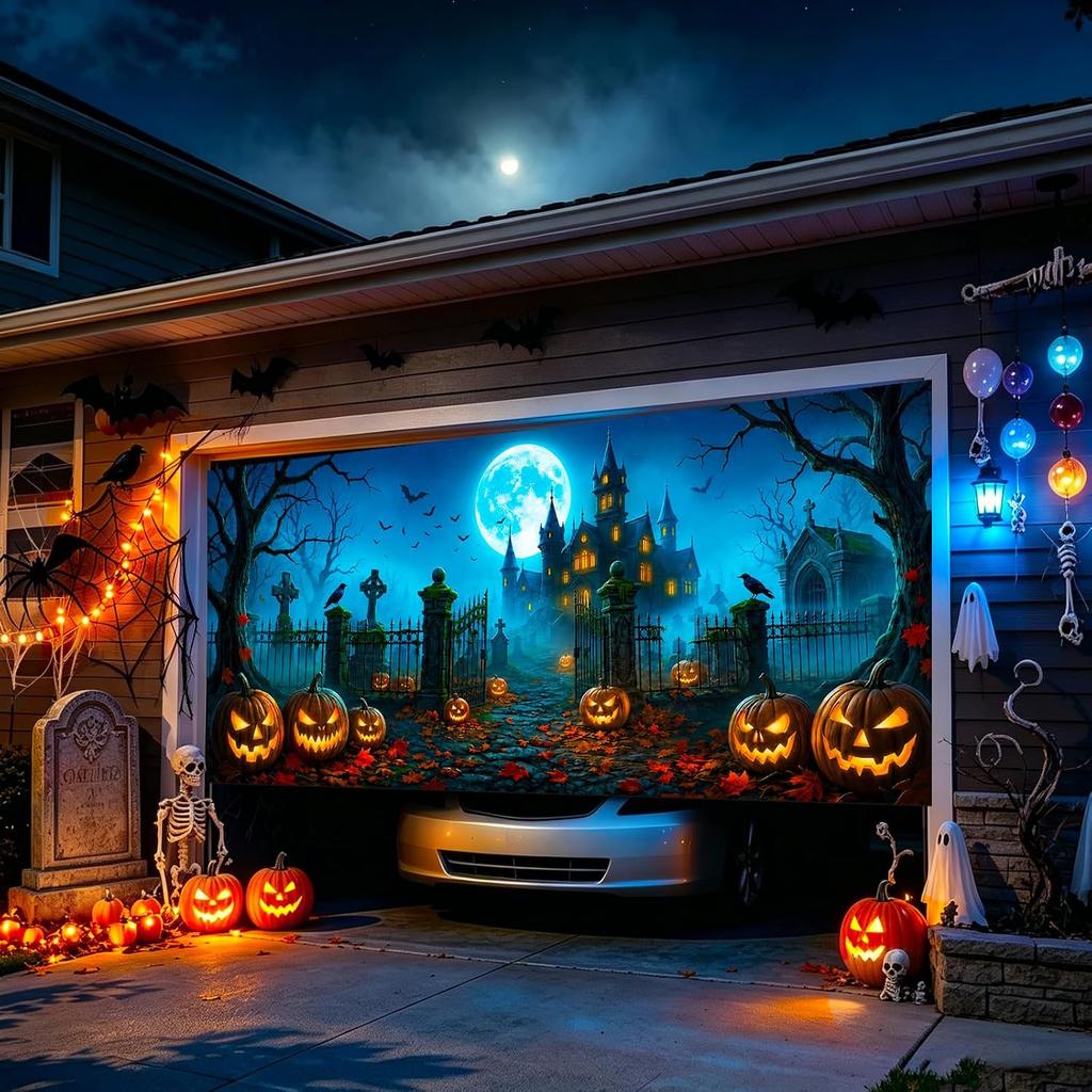 Halloween Garage Door Cover 7 X 16 Ft Large Hanging Backdrop Door Banner | Horro
