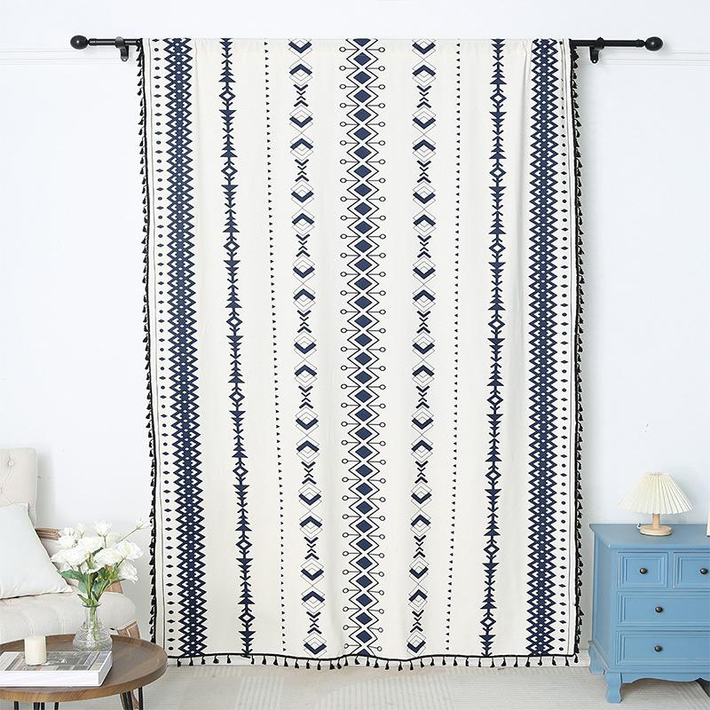 Korean Living Room Balcony Bohemian Cotton And Linen Blackout Black Printing Floor Partition Curtains