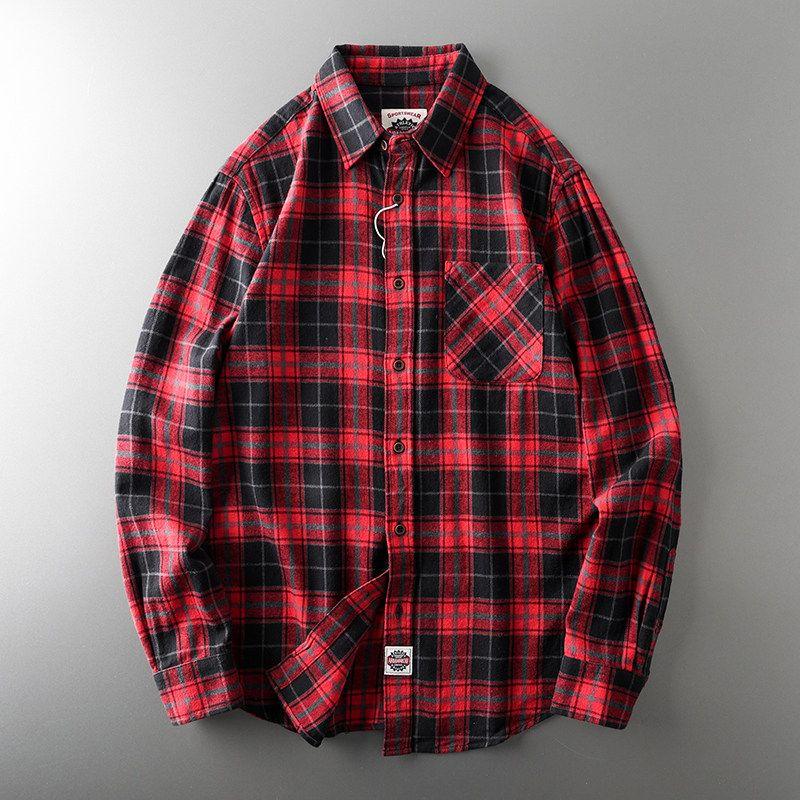 Foreign Trade Tail Order Cut-off Label Casual Long-Sleeved Plaid Shirt Red L